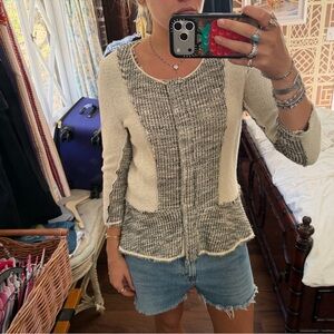 Neutral Cream & Gray Knit Panel Cardigan Sweater